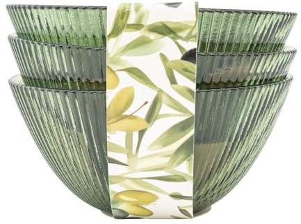 Home Deco London Green Glass Bowls, Ridged Design, Olive Green, Set of 3
