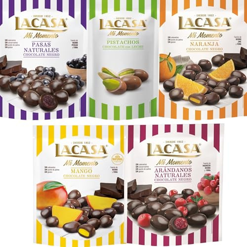 Lacasa Mi Momento pack de 5:Pistacho Leche 50G,Arándano choco Negro 125G,Pasas choco Negro 150G,Naranja choco Negro 125G,Mango choco Negro 115G