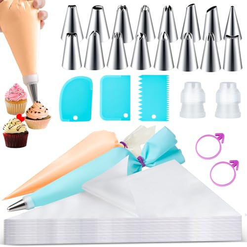 100 Pcs Poches à Douilles, Comprenant 12 Douilles en Inox, 2 Adaptateur, 1 poche à douille réutilisable, 2 attaches, 3 grattoirs à gâteau, Poches à Pâtisserie Jetables pour Deco Gâteaux Biscuits