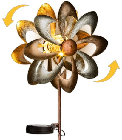Schauer LED Solar Gartenstecker Windrad Metall – Gartendeko für draußen wetterfest | Windspiel Garten mit Crackle-Glas | Garten Deko draußen – Windmühle Garten, Windspiel Metall Led Deko Solar Deko