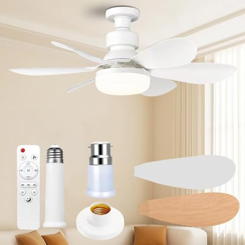 Ceiling Fan Light, FIBRAVE E27 Fan Lights with Remote Control, Stepless Dimmable 30W 1800 Lumens 3000-6500K 3-Color 3-Speed, Small Ceiling Fan with Light for Bedroom, Kitchen, Bathroom (White)