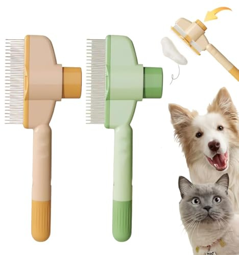 DEJIN 2PCS Cat Grooming Brush - Non-slip Stainless Steel Pet Tool, Self-Cleaning De-Fluffing Massage Brush for Cats and Dogs, Perfect for Short, Long, and Curly Hair with Flea Removal Function
