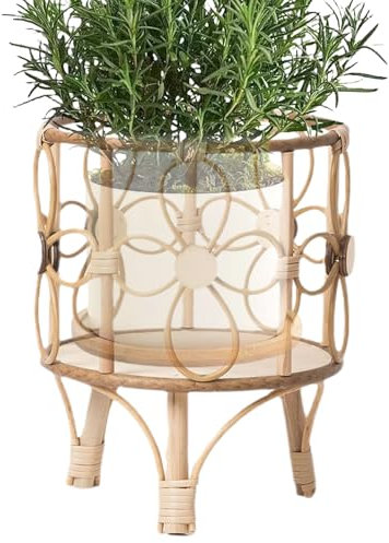 Ruwshuuk Rattan Pflanzenständer,Rattan Korbgeflecht Pflanzenständer Indoor Mit Höhenverstellbarer Etagere - Geflochtener Topfhalter Deko-Ständer Rustikale Wohnaccessoires Für Wohnzimmer, Landhaus &