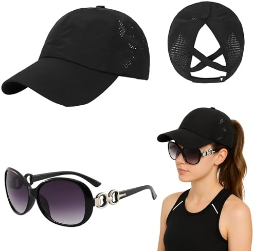 LDBKLGHJ Berretto Donna con Visiera Estiva Sportiva Regolabile 56-58cm Traspirante con Foro per Coda di Cavallo + Occhiali da Sole – Cappello Casual per Mare Viaggio Ciclismo attività Outdoor