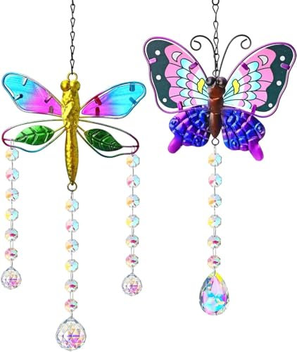 Stained Glass Butterfly Dragonfly Sun Catchers, Set 2 Suncatchers with Crystals for Home Patio Yard