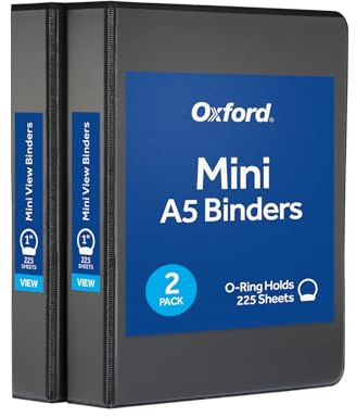 Oxford Mini View Binders, 1 Round Rings, Small Binders for School or Office, Holds A5 Size Paper, 2 Clear Pockets, PVC-Free, Non-Stick, 5.5 x 8.5 Inches, Holds 225 Sheets, Black, 2 Pack (1017044)