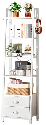 Wooruy 5 Tier Bookshelf with 2 Fabric Drawers Ladder Shelf,Narrow Bookshelves,Freestanding Display Rack Shelving Unit Bookcases for Office Study Living Room Bedroom,White 15.3 L x 11.4 W x 63.4 H
