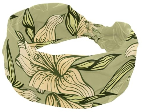 Green Lily Flowers Hand Drawn Headbands for Women Girls, Wide Headband, Knotted Cross Turban Head Band, Non Slip Hairband for Yoga Workout Running