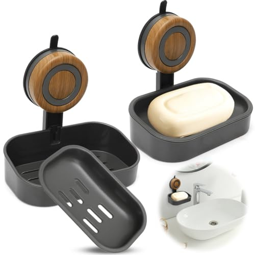 2 Stück Seifenschale mit Ablauf, Seifenhalter mit Saugnapf, Ohne Bohren, Wandmontage, Selbstentwässernd, für Dusche, Bad, Küche, Schwarz, Starke Saugkraft, Wasserfest, Abnehmbar, Wohndeko