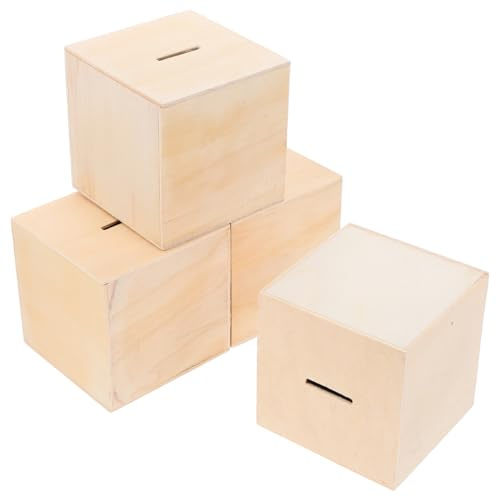 CVUTOVO 4 Stück Holz Sparschwein DIY Spardosen Quadratisch Sparbüchsen Unbemalt Holzbox für Kreatives Malen und Aufbewahren von Kleingeld Geschenkidee für Jungen und Mädchen
