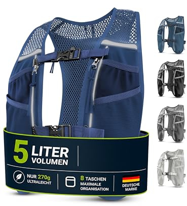 SASMO Laufweste Damen & Herren mit Trinkflasche, 270g Ultraleicht | Trinkweste Laufen, Laufrucksack, Trinkrucksack, 8 Taschen, 2L Trinkblase kompatibel, Atmungsaktiv, Joggen Wandern Trail