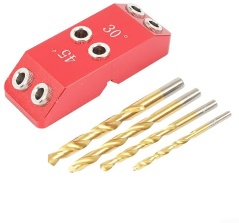 Adjustable Hole Drilling Guide for Woodworking, 30/45/90 Degree Angle Drill Guide Jig Kit, Multi Angle Drilling Template Block, Aluminium Alloy Pocket Hole Tool compatible with for Angled and(Red)