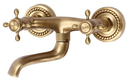Wandmontage Badewannenarmatur Retro Design, Wasserfall Auslauf - 2-Griff, 360° drehbar | Aus Messing & Edelstahl 304, Antik Optik, Anschluss 1/2