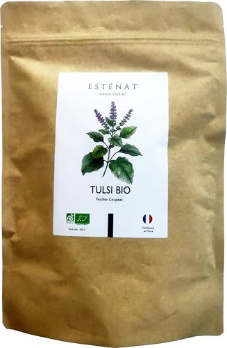 Tulsi BIO - Basilic Sacré 100g - Feuilles Coupées Séchées - Tisane Adaptogène Anti-Stress & Relaxation - Favorise le Sommeil et la Digestion - Qualité Herboristerie - ESTÉNAT