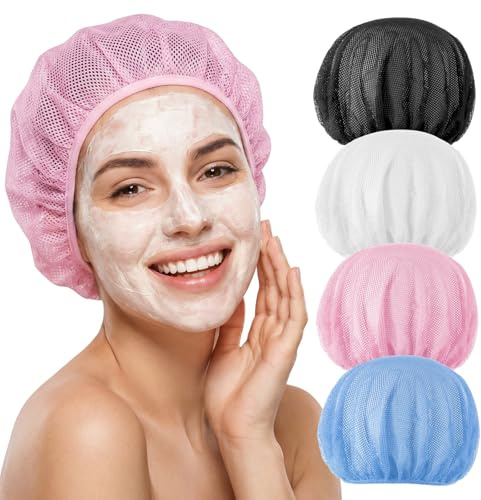 Alrhso Mesh Hair Nets for Sleeping 4 Pcs Mesh Sleep Bonnets for Women Colorful Sleep Caps Elastic Hair Drying Bonnet (Blue, Black, Pink, White)