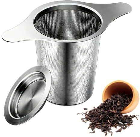 Loose Leaf Tea Infuser Strainer, Stainless Steel Fine Mesh Filter with Handle and Lid, Reusable Tea Diffuser Basket for Mugs, Cups, Teapots, Herbal & Coffee Drinks