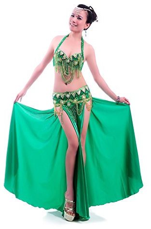 ROYAL SMEELA Bauchtanz Kostüm Set für Frauen Profi Bauchtanz BH und Gürtel Bauchtanz Rock Schlitz Karneval Outfit - Grün - Mittel