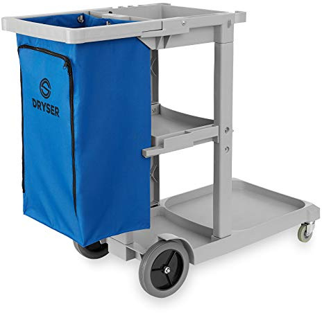 Dryser Commercial Janitorial Cleaning Cart on Wheels - Housekeeping Caddy with Shelves and Vinyl Bag