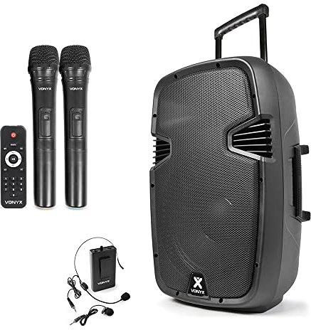 Vonyx SPJ-PA912 Portable PA Speaker System with Wireless Handheld, Headset and Lavalier Microphones, Bluetooth, Rechargeable Battery, 500W, 12-inch Woofer for Events & Performances