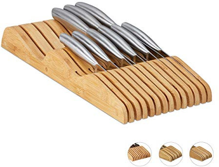 Relaxdays Inserto Portacoltelli da Cassetto, Vuoto, Ceppo per 13 Coltelli, Bambù, HLP 5x17x40 cm, Organizer, naturale