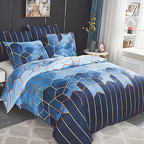 Dencalleus Sets Housse de Couette 200x200 cm avec 2 x Taies d'oreiller 65x65 cm, Géométrique Imprimé Boho Microfibre Literie Parure de Lit Linge de Lit avec Fermeture Éclair, Bleu
