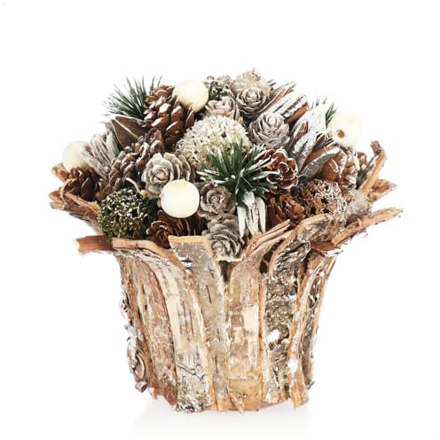 com-four® Arreglo navideño en una Maceta - Varios Tipos de Conos y Cuentas de Madera en una Maceta de Corteza Decorativa - Arreglo Floral Hecho a Mano (1 Pieza - 16cm - Blanco - Perlas)