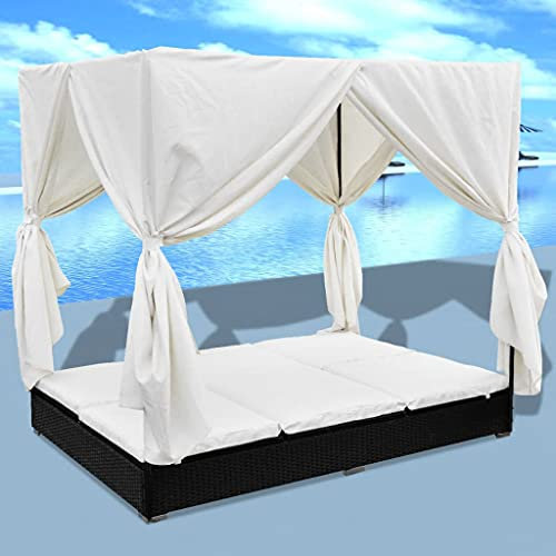 Outdoor-Lounge-Bett mit Vorhängen Poly Rattan und 2 große Kissen, Sonneninsel mit Sonnendach, Garten Sofa, Gartenmöbel, Rückenlehne verstellbar, Pulverbeschichteten Stahlrahmen, 197 x 140 x 180 cm