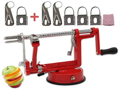 Apple Peeler, Slicer Corer Potato Peelers 3 In 1, Stainless Steel Heavy Duty Suction Cup Base And 5 Extra Blades Included As Well As Cleaning Tool (red)