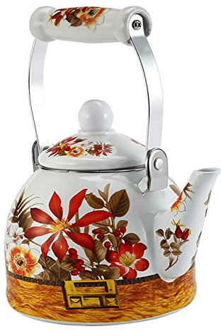 SGSG Théière en émail Floral Teakettle Cafetière Turque rétro Bouilloire à Eau Chaude avec poignée Anti-brûlure pour cuisinière à gaz et cuisinière à Induction (1,5 L)