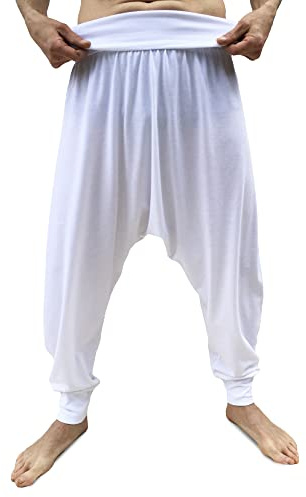 SAVARI | Pantalon de Sarouel | Modèle Relax | Printemps et Automne | avec Poches | Tir Bas | Taille et Jambes Larges | Pantalons pour la Maison, Yoga, Pilates et Fitness | Unisexe | Blanc | Taille M