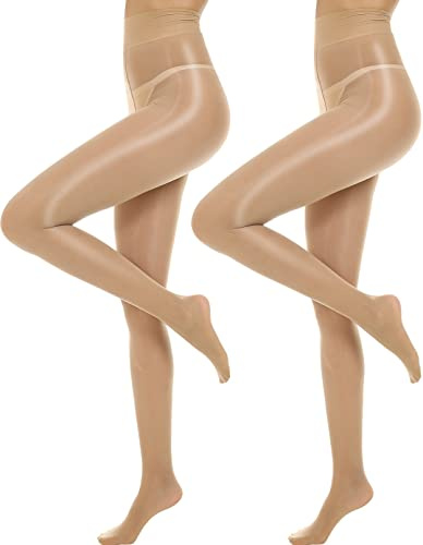 MANZI Shiny Pantyhose for Women 2 Pairs Shimmer Sheer Tights Ultra Silky Natural Small-Medium