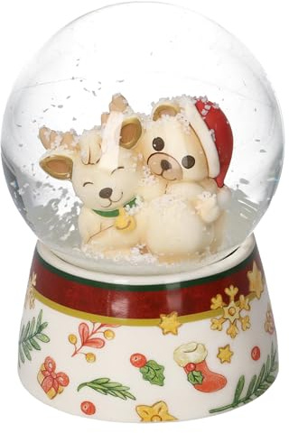 THUN - Boule de Neige con Teddy Cavalca Renna Robin in Resina, Ceramica e Vetro, Versione Media, Linea Desideri di Natale, 8 cm