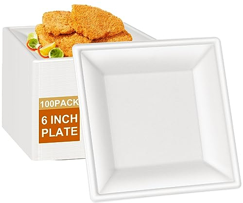 greensight Eckig Zuckerrohr Teller Einwegteller - 16cm 100 Stück Bagasse Pappteller quadratisch weiß klein Einweg Bio Partyteller Einmal Biologisch Geschirr Einmalteller für BBQ