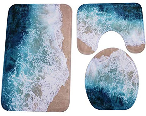 Badematten & Badteppiche Set 3 Teilig Strand Blau Badezimmer Badematte Teppich Flanell Saugfähig Waschbar rutschfeste Festival Badteppiche Badvorleger Badgarnitur WC Vorleger (Multicolor, One Size)