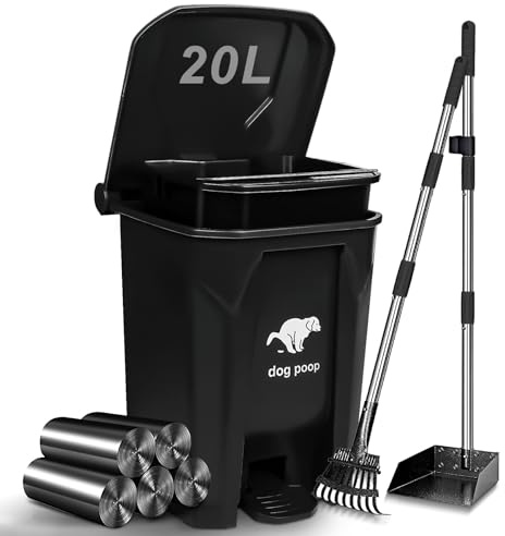 Uppcasir Dog Poop Trash Can Outside with Pooper Scooper, 20L/5Gal Dog Waste Trash Can with Lid, Pedal and Removable Inner Bin, Pet Poop Bin with Metal Rake & Tray and 100 Bags