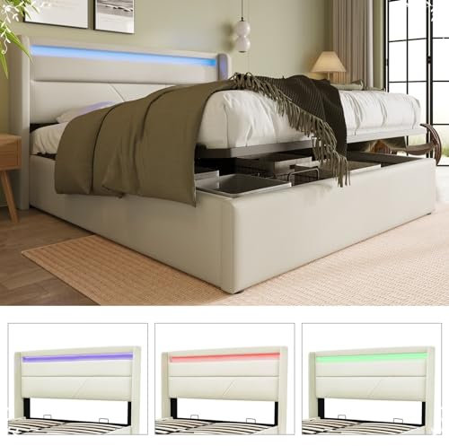 KnSam Hydraulisch Stauraumbett, Doppelbett Bettgestell Polsterbett 140x200cm, Funktionsbett, Weiß (Mit Fernbedienung)