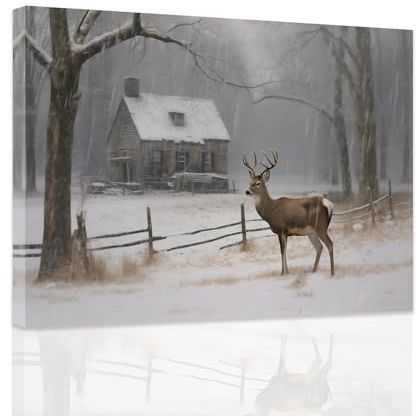 ZXHYWYM Bauernhaus Leinwanddruck Winter Schneeszenen mit Hirsch Bild alte Scheune Malerei Landtiere Kunstwerk für Weihnachten Heimdekoration mit Rahmen (C (40.00 x 60.00 cms))
