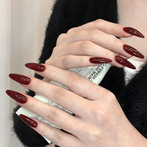 Ztcily Faux Ongles Noël Rouge Français Amande Long | Faux Ongles Rouge avec Colle Pour Femme Fille | Accessoire ou Idée Cadeau Mariage Anniversaire Noël Saint Valentin iels