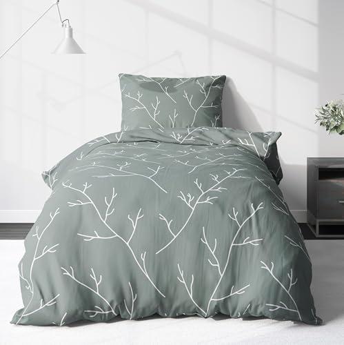 LINKHOFF Renforce Bettwäsche 135x200 Baumwolle Grün mit Blumen – Grüne Sommerbettwäsche kühlend & bügelfrei - Partnerbettwäsche Olivgrün Blätter u. Zweige – Sommer geeignet