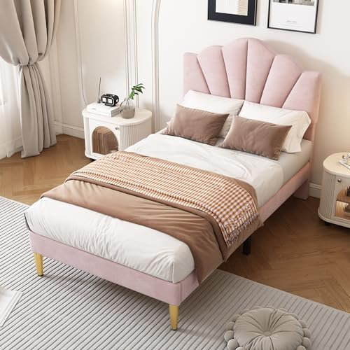 Samt, Polsterbett,muschelartiges Bett mit goldenen Eisenbeinen,höhenverstellbares Kopfteil,Holzlattenrost,mit Polsterbank,Bank mit Stauraum,Rosa 90 * 200cm