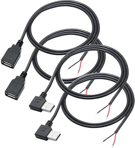 RUNCCI-YUN 4Pieces USB A Pigtail Kabel 5V / 2A 90 Degree USB 2.0 Power blankes Kabel Pigtail 22 AWG USB 2.0 Plug Socket 2-Pin löten DIY Pigtail Cable for USB Devices Repair DIY Cable(100 cm)