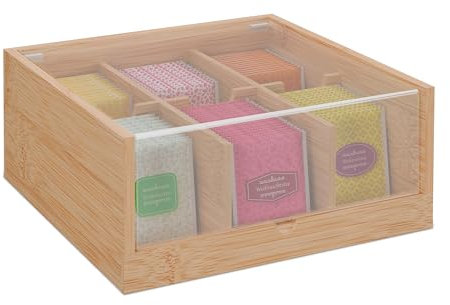Relaxdays Scatola Porta tè, Organizer Cassetti 6 Scomparti, HLP 9,5x22x21,5 cm, Tea Box con Coperchio, bambù, Naturale