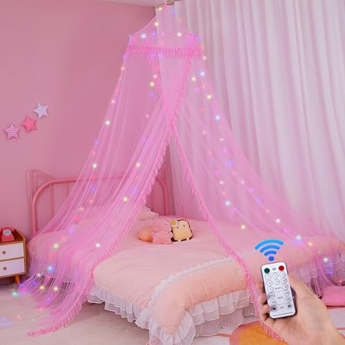 MHJY Baldacchino per letto per ragazze, zanzariera, tende da letto con luci a LED e telecomando, decorazione per camera da letto per bambini