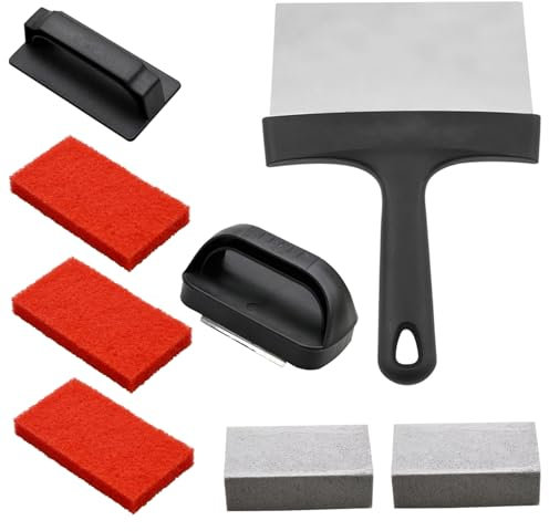 Kit de limpieza de plancha Eliminación eficaz de grasa y manchas Limpiador de plancha con mango con pala Piedras de limpieza y 3 estropajos Limpiador de parrilla de superficie plana para superficies f