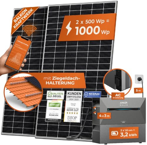 Solarway® All In One Balkonkraftwerk mit Speicher 1000W komplett Steckdose - 1,6-3,2 kWh Anker Solix 2 AC Speicher - Erweiterungsset für Ihr Balkonkraftwerk (Ziegeldach Halterung, 3,2 kWh)