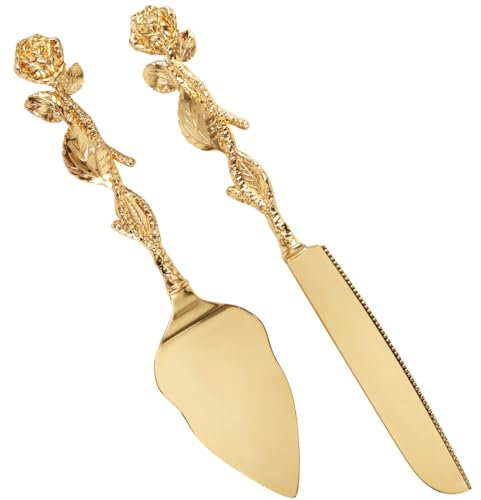 Juego de 2 Cuchillos y Palas para Tartas Cubiertos de Zinc Vintage Dorados Herramientas para Cortar Tartas Suministros para Fiestas de cumpleaños y Bodas.