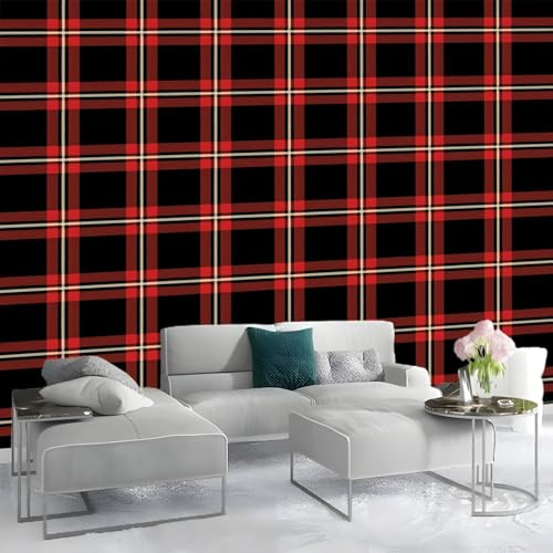 Papiers peints 200 x 140 cm Papier Revêtement mural décoration salon Motif écossais Classique Rétro Papier Peint Intissé Décoration Murale Couleurs froides rouge et noir