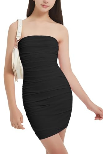 EXARUS Flickor axelbandslös klänning vadderad tonåring bodycon stretch rynkad hemkomstdans speciella tillfällen tub korta klänningar, Svart n¨t, 12 år