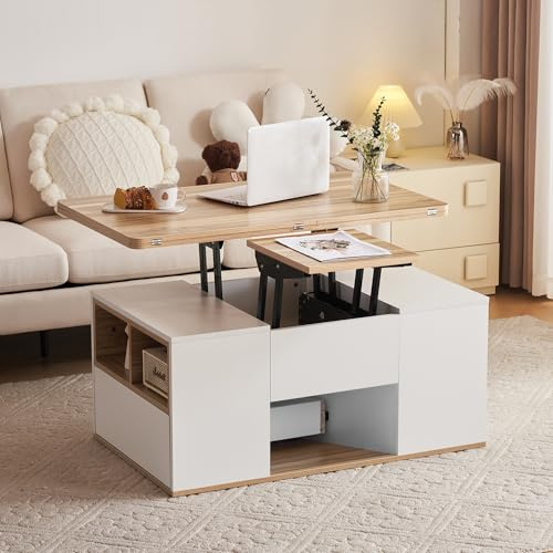 LINKHOO Table Basse multifonctionnelle relevable, Plateau de s'ouvre sur 2 Tables, Deux tiroirs, Grande capacité, Table à Manger de Bureau Loisirs multifonctionnelle