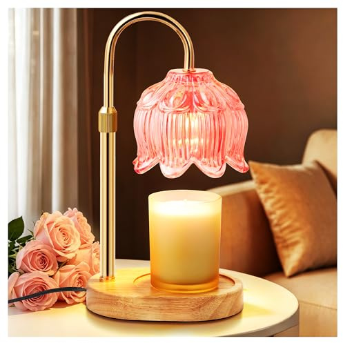 NONVJJ Pink Flower Candle Warmer Lamp with Timer, Birthday Gifts for Women | Dimmable wax melt warmer for scented jar and 3-wick candles, 2 bulbs, adjustable height, home decor and housewarming gifts